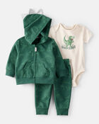 Baby 3-Piece "Little Guy Big Roar" Dinosaur Jacket Outfit Set - Green/Ivory, image 1 of 4 slides