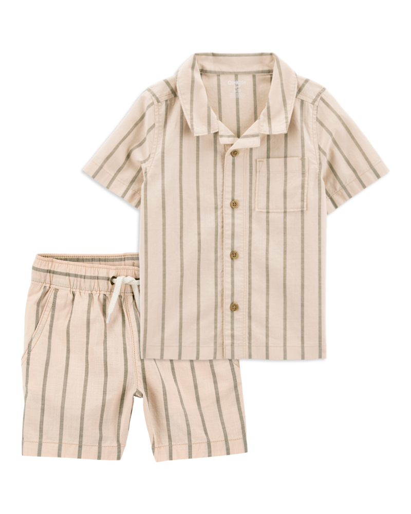 Baby 2-Piece Striped Button-Down Shirt & Drawstring Shorts Set - Khaki, image 1 of 7 slides