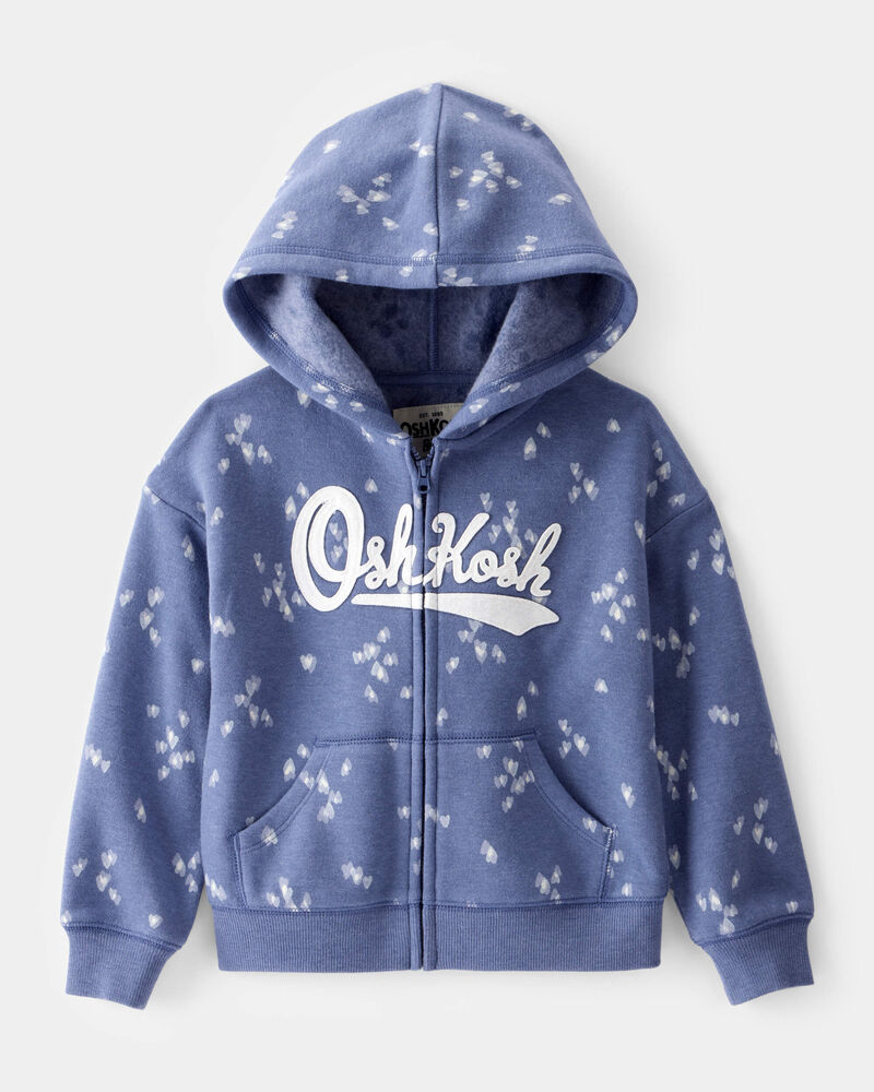 Toddler Heart Print OshKosh Fleece Logo Zip Jacket - Blue, image 1 of 3 slides