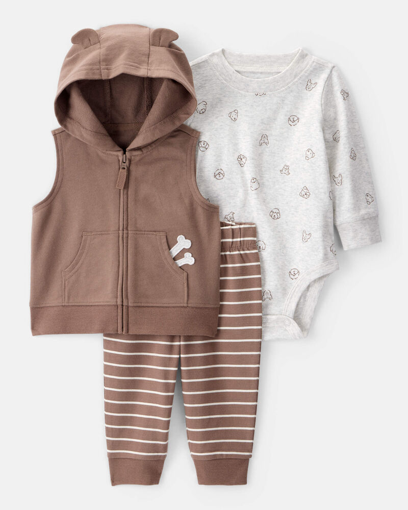 Baby 3-Piece Dog Little Vest Set - White/Brown, image 1 of 6 slides