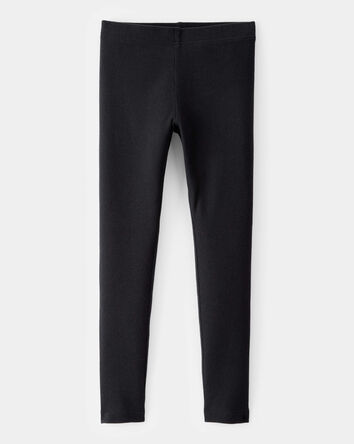 Girls Solid Cotton Ribbed Stretch Leggings - Black, 
