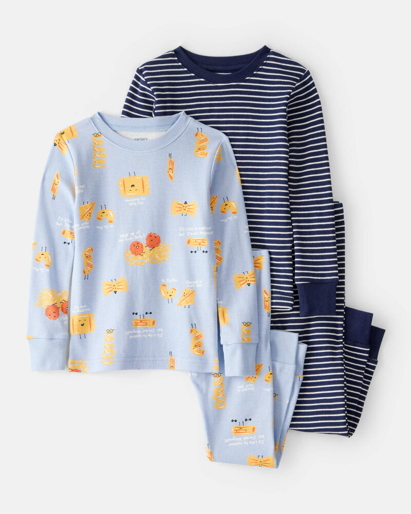 Toddler Pasta Print 100% Cotton Long-Sleeve Snug Fit 4-Piece Pajamas - Blue, image 1 of 4 slides