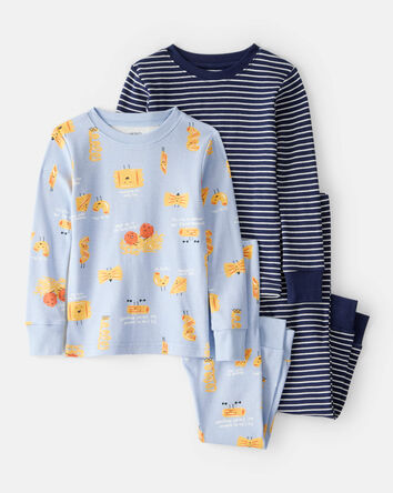 Toddler Pasta Print 100% Cotton Long-Sleeve Snug Fit 4-Piece Pajamas - Blue, 