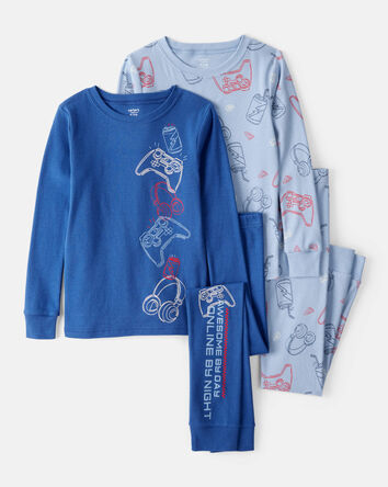 Boys Gaming Print 100% Cotton Long-Sleeve 4-Piece Pajamas - Blue, 
