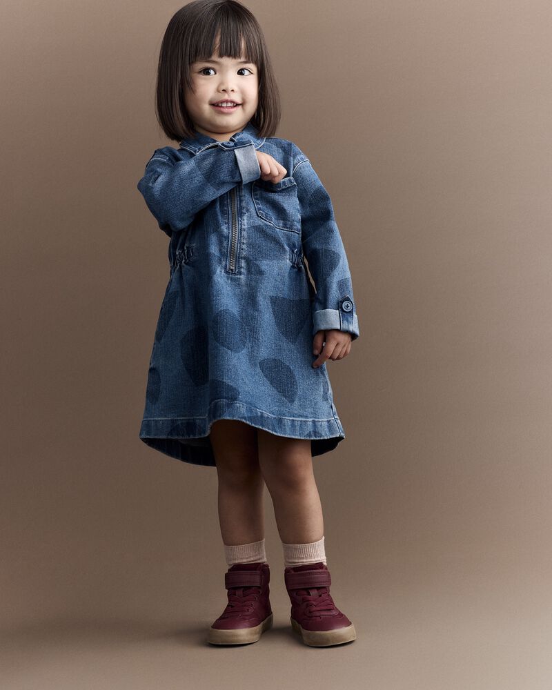Toddler Girl Zip-Up Denim Shirt Dress with Shapes - Blue, image 1 of 6 slides