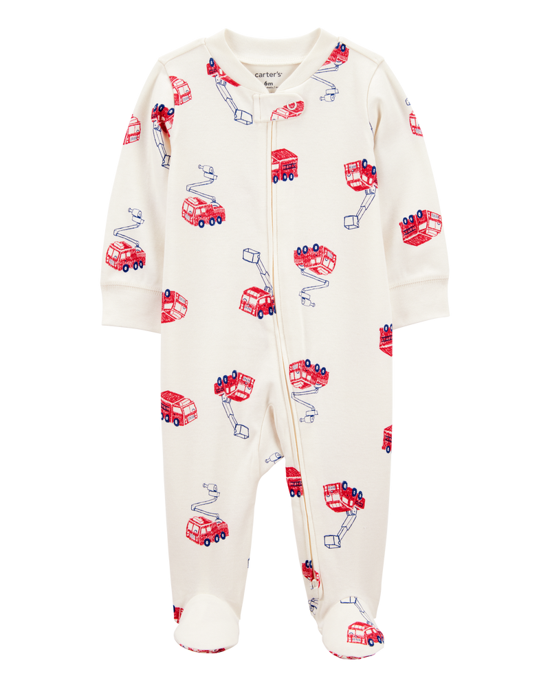 Baby Boy Fire Truck Print 2-Way Zip Cotton Sleep & Play Pajamas - Cream, image 1 of 3 slides