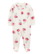Baby Boy Fire Truck Print 2-Way Zip Cotton Sleep & Play Pajamas - Cream, image 1 of 3 slides