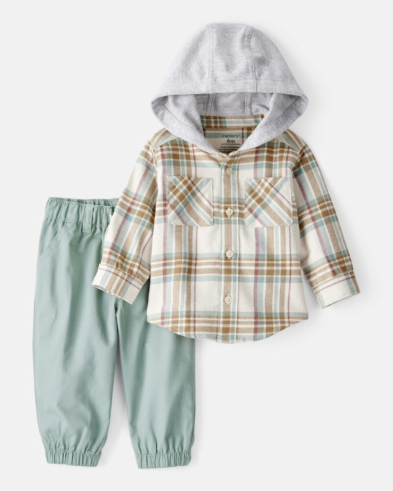 Baby Boy 2-Piece Plaid Cotton Long-Sleeve Tee & Pant Set - Brown/Green, image 1 of 6 slides