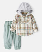 Baby Boy 2-Piece Plaid Cotton Long-Sleeve Tee & Pant Set - Brown/Green, image 1 of 6 slides