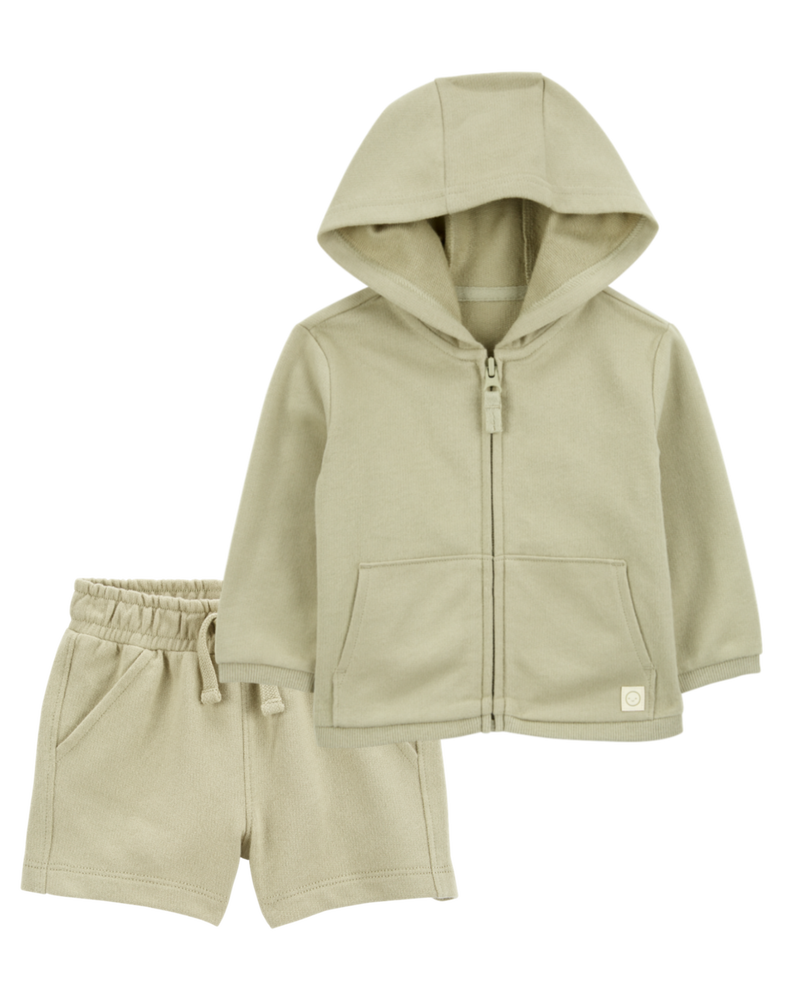 Baby 2-Piece French Terry Hoodie & Short Set - Olive, image 1 of 6 slides