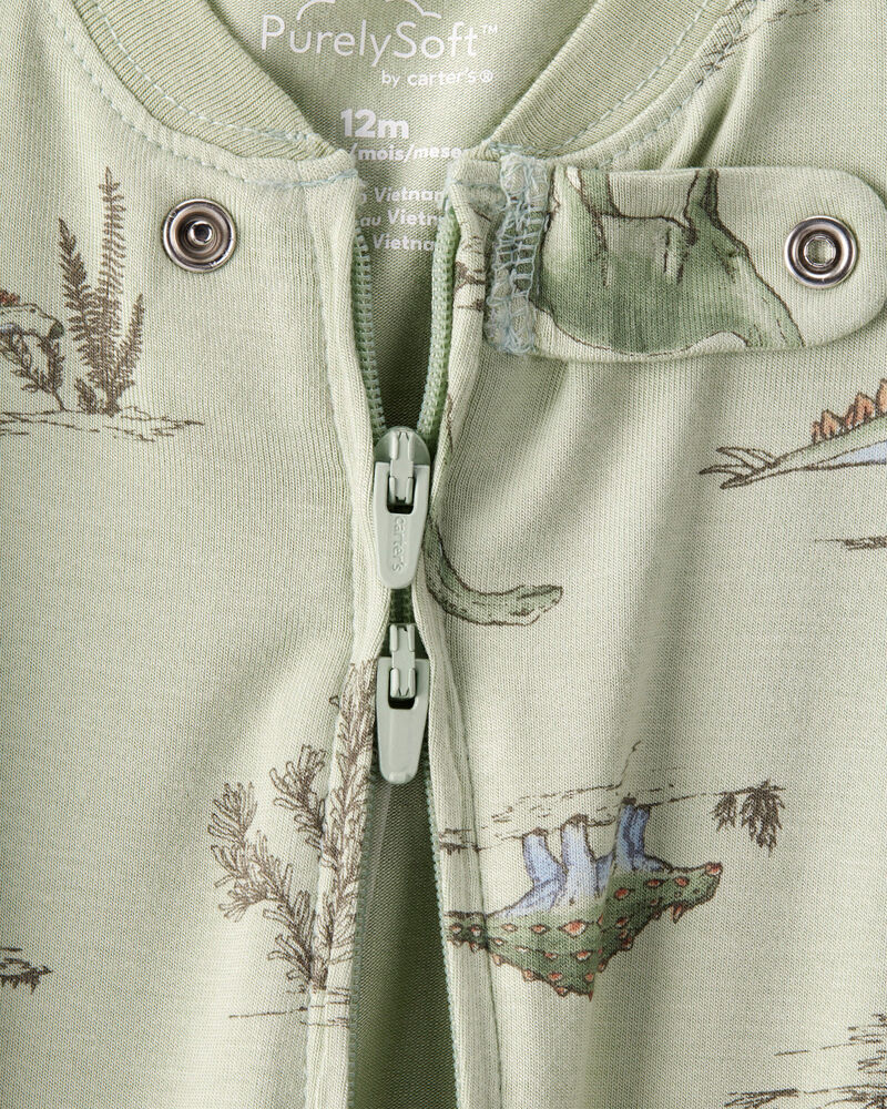 Baby Boy Dinosaur Print PurelySoft Long-Sleeve 2-Way Zip 1-Piece Pajamas - Green, image 2 of 6 slides