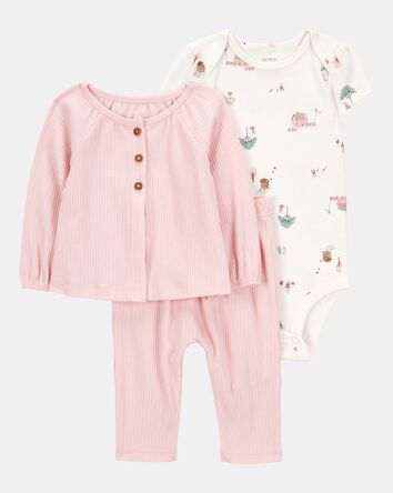 Baby 3-Piece Barn Print Little Cardigan Set - Pink/White, 