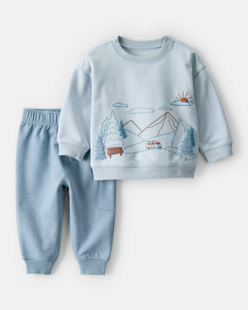 Baby Boy 2-Piece DayDream Fleece Mountain Pullover & Pant Set - Blue, image 1 of 7 slides