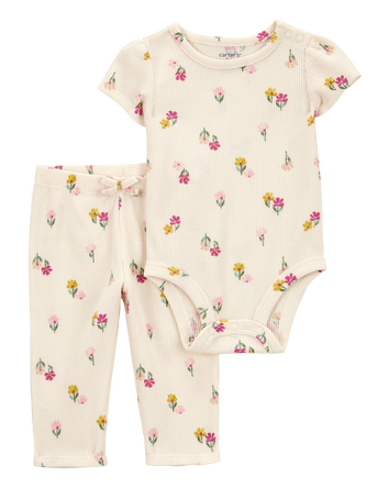 Baby 2-Piece Floral Short-Sleeve Waffle Knit Bodysuit Pant Set - Ivory, 