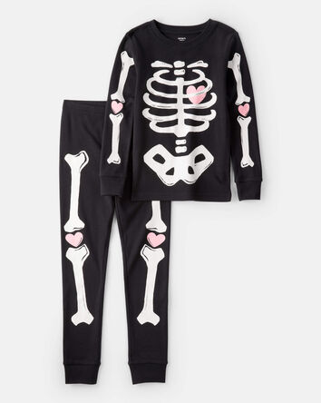 Girls 2-Piece Glow in The Dark Skeleton 100% Snug Fit Cotton Pajamas - Black
, 
