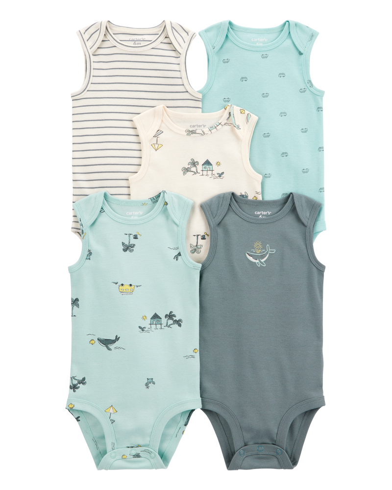 Baby Boy 5-Pack Ocean Print Sleeveless Bodysuits, image 1 of 7 slides