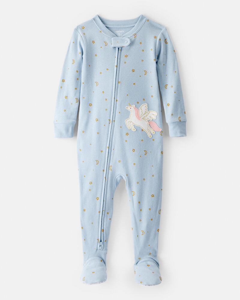 Toddler Girl Unicorn 100% Cotton 1-Piece Pajamas - Blue, image 1 of 4 slides