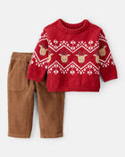 Baby Boy 2-Piece Fair Isle Long-Sleeve Tee & Pant Set - Red/Brown, image 1 of 4 slides