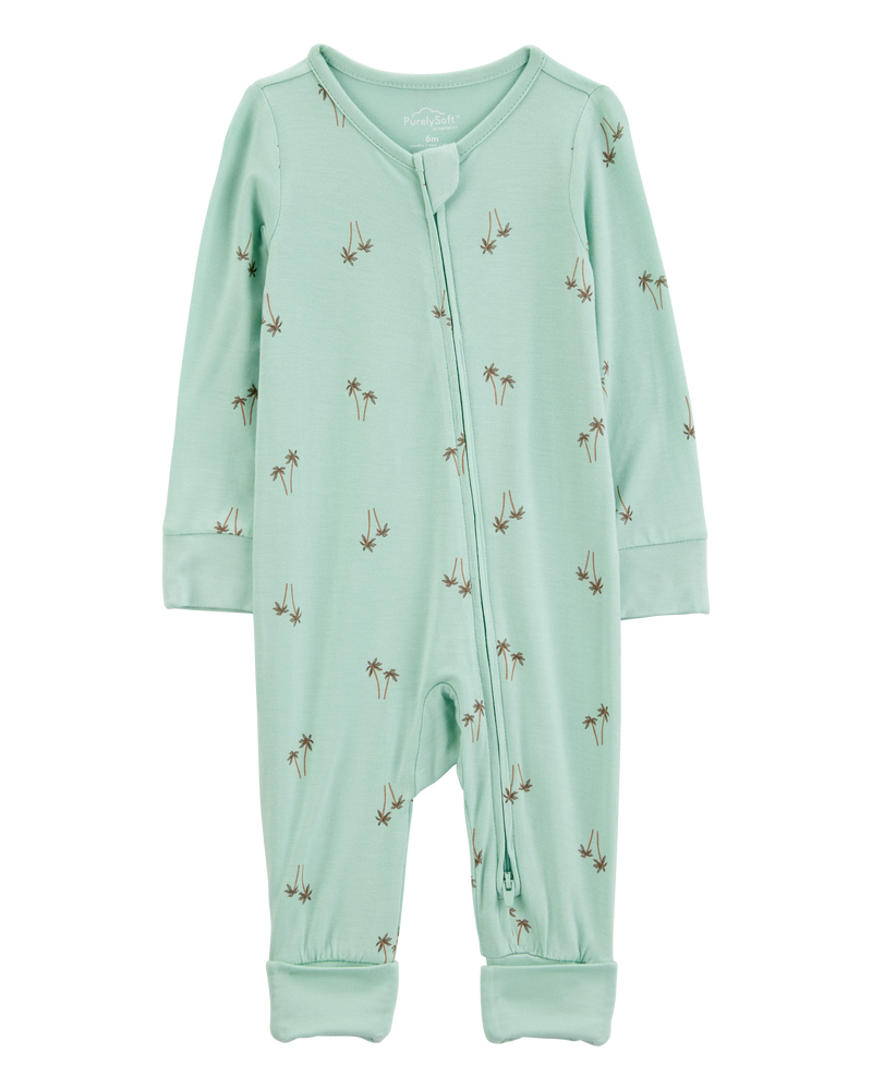 Baby Boy Palm Tree Print 2-Way Zip PurelySoft Convertible Foot Sleep & Play Pajamas - Mint, image 1 of 7 slides