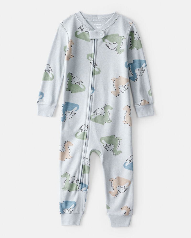 Toddler Boy Dragon 100% Cotton Long-Sleeve 1-Piece Pajamas - Blue, image 1 of 3 slides