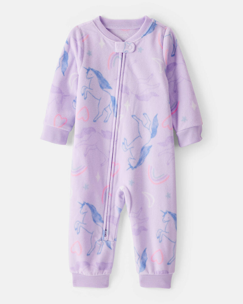 Baby Girl Unicorn Print Loose Fit Long-Sleeve 2-Way Zip 1-Piece Pajamas - Purple, image 1 of 4 slides