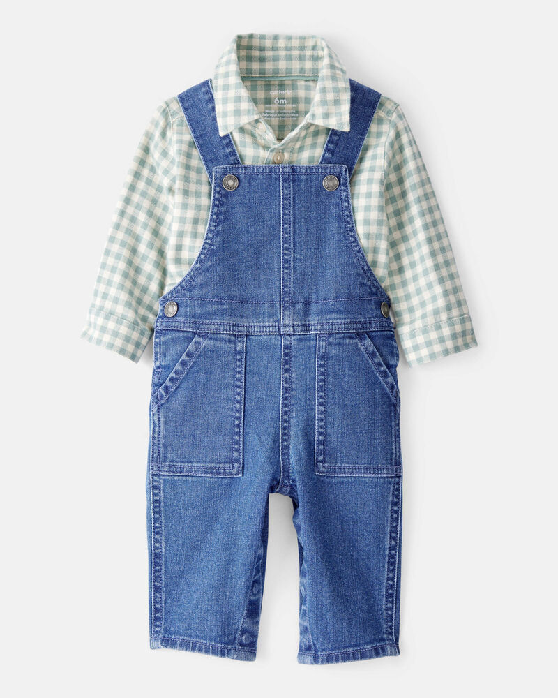 Baby Boy Checkered Print Bodysuit Overall Set - Blue/Green, image 1 of 6 slides