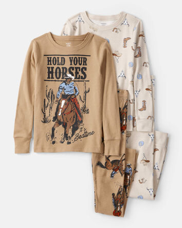Boys Western Print 100% Cotton Long-Sleeve Snug Fit 4-Piece Pajamas - Brown, 