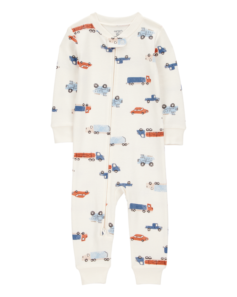 Baby Boy 1-Piece Car Print 100% Snug Fit Cotton Footless Pajamas - Ivory, image 1 of 3 slides