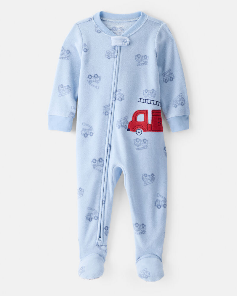 Baby Boy Firetruck Print Loose Fit 2-Way Zip 1-Piece Pajamas - Blue, image 1 of 5 slides