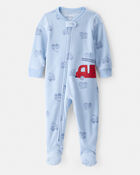 Baby Boy Firetruck Print Loose Fit 2-Way Zip 1-Piece Pajamas - Blue, image 1 of 5 slides
