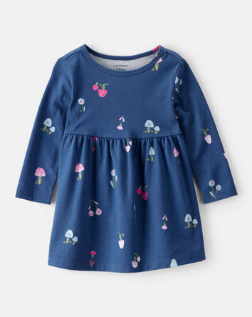 Baby Girl Mushroom Print Long-Sleeve Cotton Dress - Blue, 