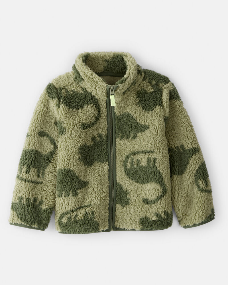 Toddler Boy Dinosaur Sherpa Zip-Up Jacket - Green, image 1 of 3 slides