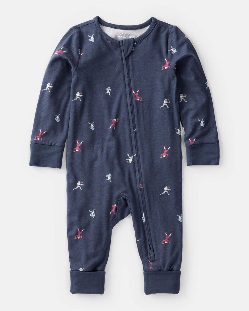 Baby Boy Football Print PurelySoft Long-Sleeve Sleep & Play Pajamas - Blue, image 1 of 8 slides