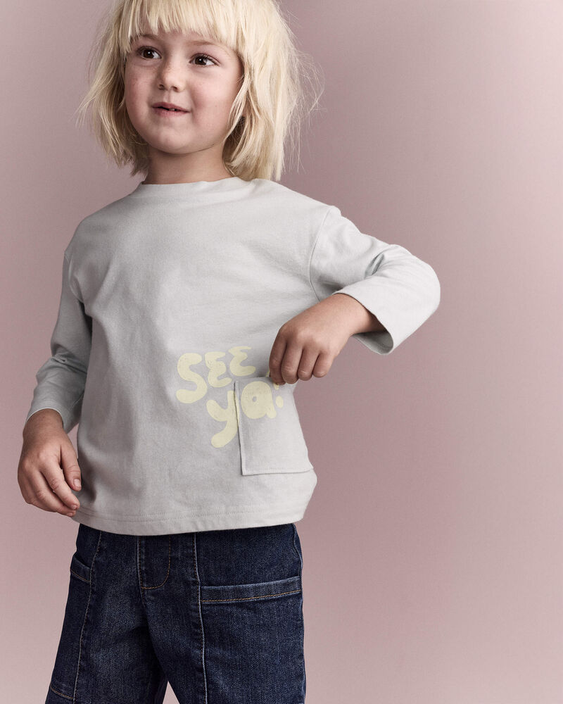 Toddler 'See Ya' Long-Sleeve Pocket Relaxed Graphic Tee - Light Blue, image 1 of 6 slides