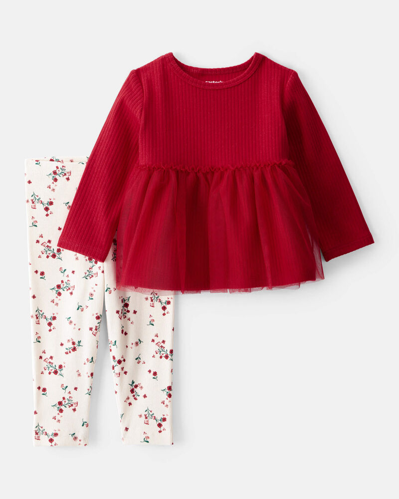 Baby Girl 2-Piece Floral Long-Sleeve Tee & Pant Set - Red, image 1 of 4 slides