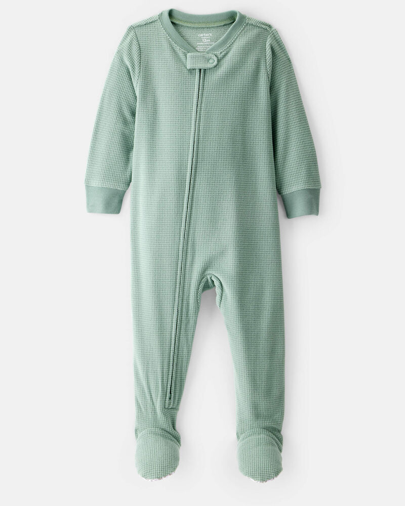 Baby Boy Waffle Knit Long-Sleeve 2-Way Zip 1-Piece Pajamas - Green, image 1 of 4 slides