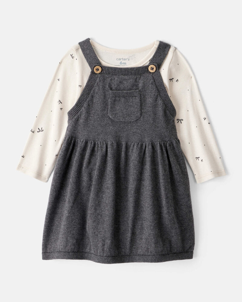 Baby Girl Bow Print Cotton Long-Sleeve Dress Set - Grey, image 1 of 7 slides
