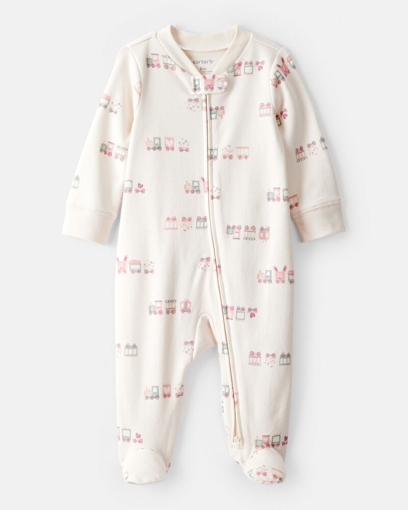 Baby Girl Train Print 100% Cotton Long-Sleeve Snug Fit Sleep & Play Pajamas - Cream, image 1 of 4 slides