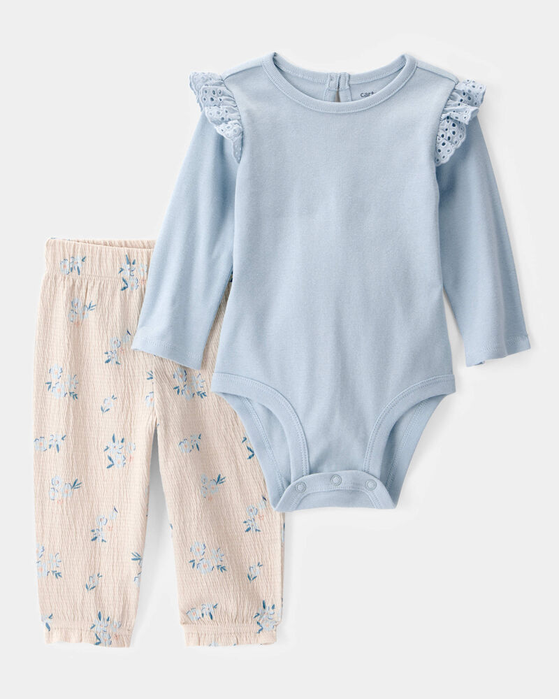 Baby Girl 2-Piece Bodysuit & Floral Pant Set - Blue/Ivory, image 1 of 4 slides