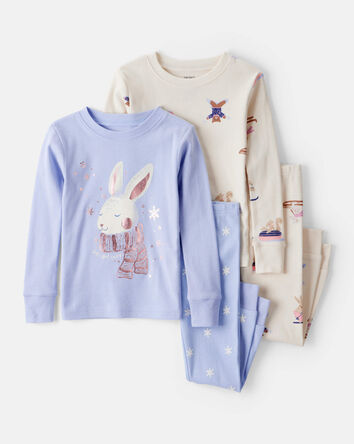 Baby Girl Bunny Winter Print 100% Cotton Long-Sleeve Snug Fit 4-Piece Pajamas - Blue/White, 
