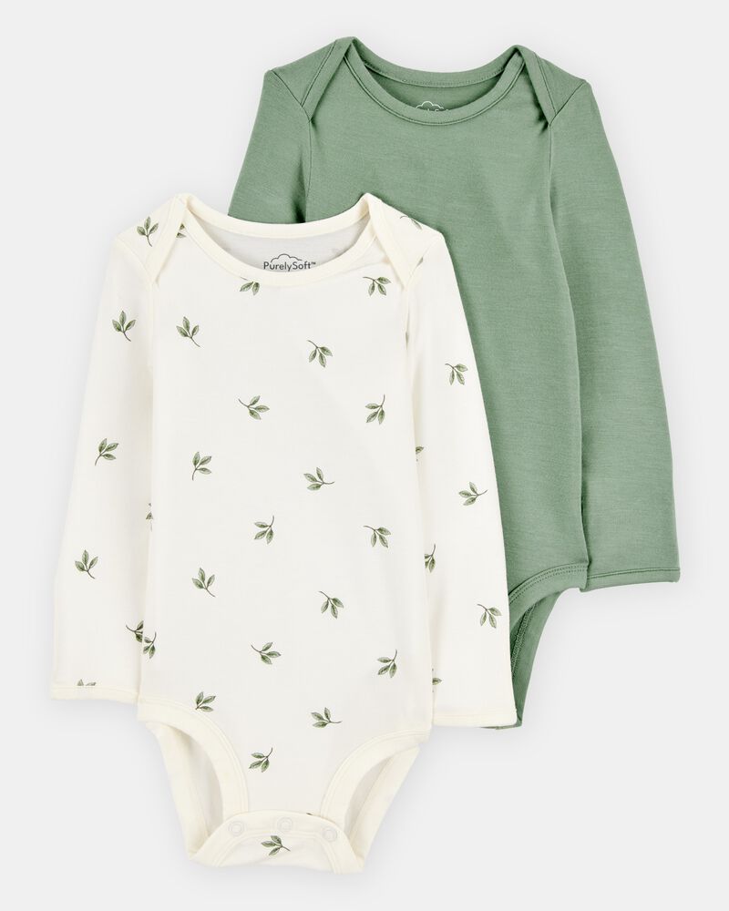 Baby 2-Pack Long-Sleeve PurelySoft Bodysuits - Green/Ivory, image 1 of 6 slides