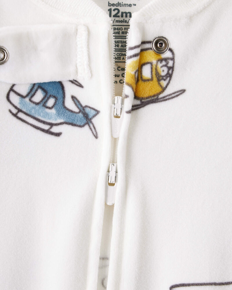 Baby Boy Helicopter Print DreamPlush Snug Fit Long-Sleeve 2-Way Zip 1-Piece Pajamas - White, image 2 of 4 slides