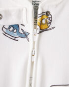 Baby Boy Helicopter Print DreamPlush Snug Fit Long-Sleeve 2-Way Zip 1-Piece Pajamas - White, image 2 of 4 slides