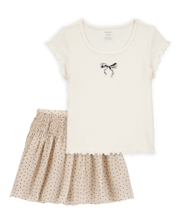 Kid 2-Piece Butterfly Pointelle Tee & Polka Dot Chiffon Skirt Set - Tan/White, 