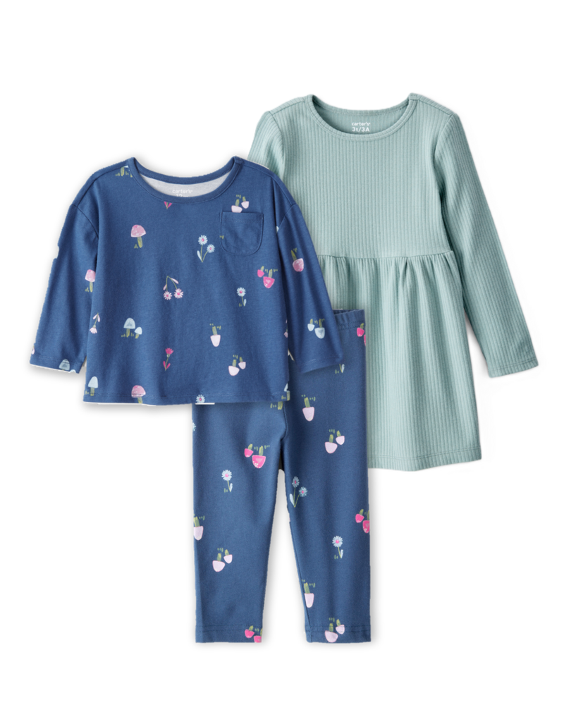 Baby Girl 3-Piece Floral Outfit & Dress Set - Blue/Green, image 1 of 10 slides