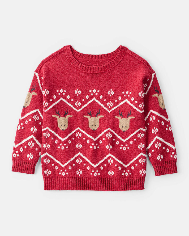 Toddler Boy Christmas Reindeer Fair Isle Cotton Long-Sleeve Sweater - Red, image 1 of 4 slides
