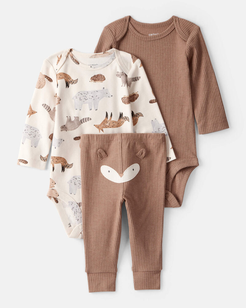 Baby Boy 3-Piece Fox Print Long-Sleeve Bodysuits & Pant Set - White/Brown, image 1 of 5 slides