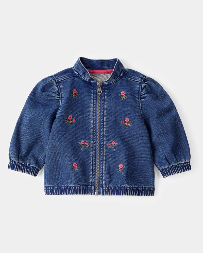 Baby Floral Denim Embroidery Zip-Up Jacket - Utility Blue Wash, image 1 of 4 slides