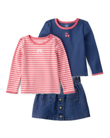 Toddler Girl 3-Piece Long-Sleeve Tops & Denim Skirt Set - Multi, 