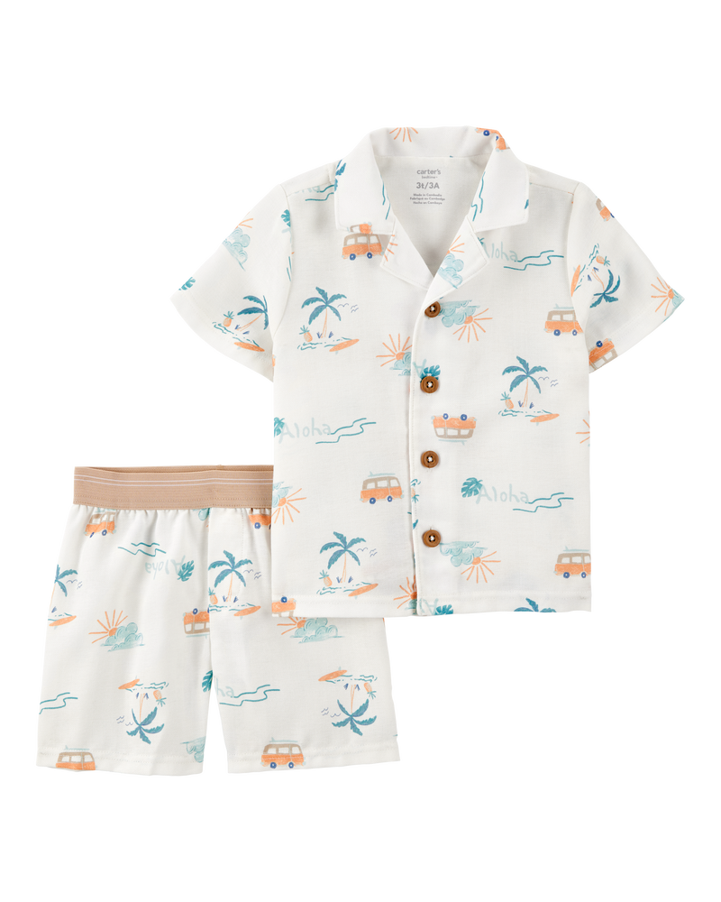 Toddler Boy Tropical Print Loose Fit 2-Piece Pajamas - White, image 1 of 3 slides